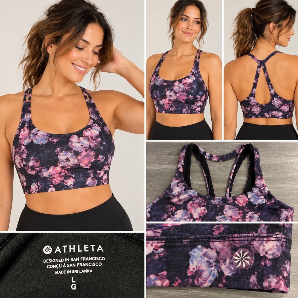 Athleta Floral Strappy Back Sports Bra Purple Pink Size Large